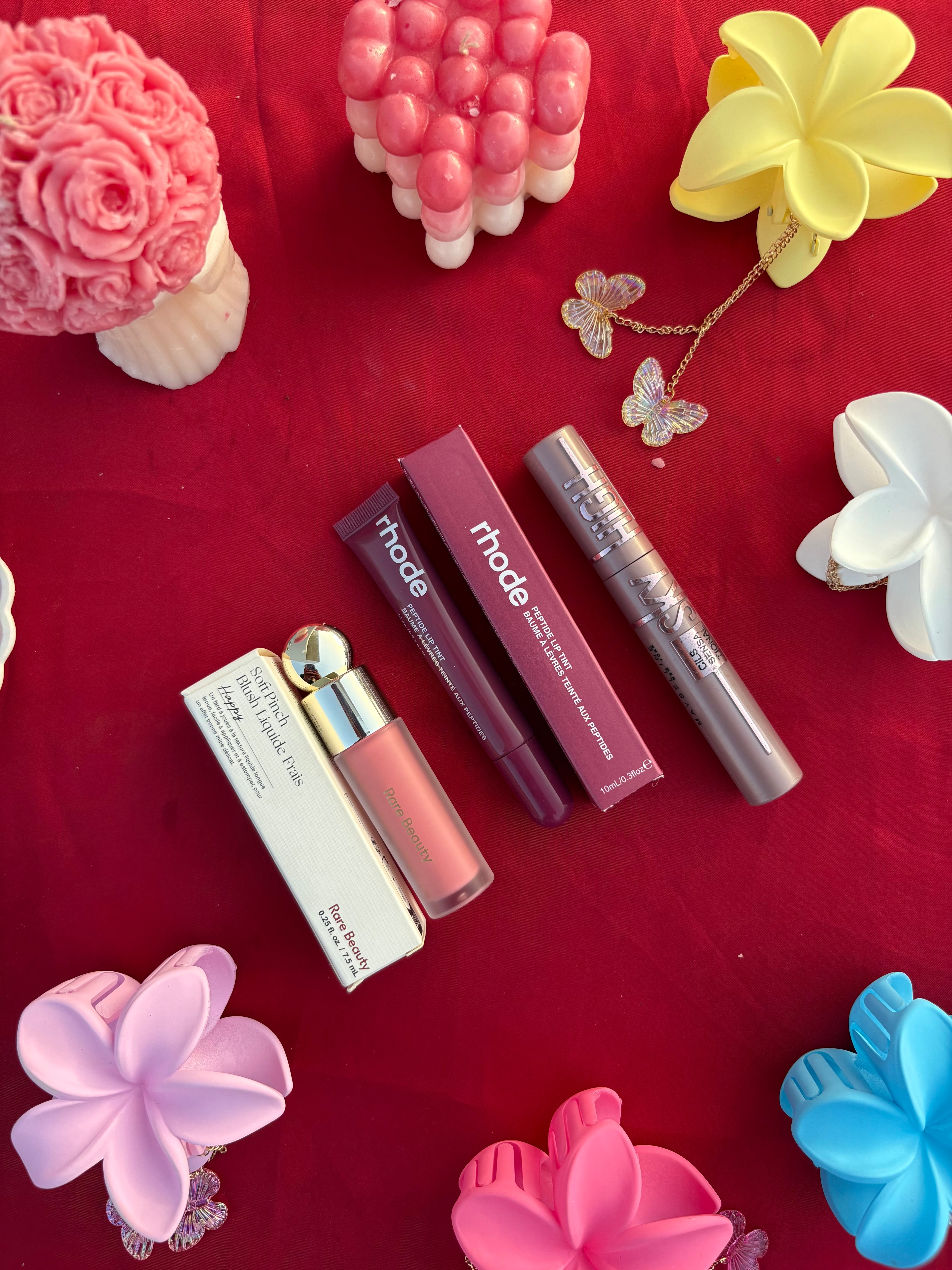 Rhode lipgloss | rare beauty blush | maybaline  sky high mascara ( shades confirmed through whatsapp ) u will receive msg after placing order